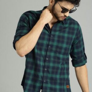 Men Green & Navy Blue Checked Casual Shirt