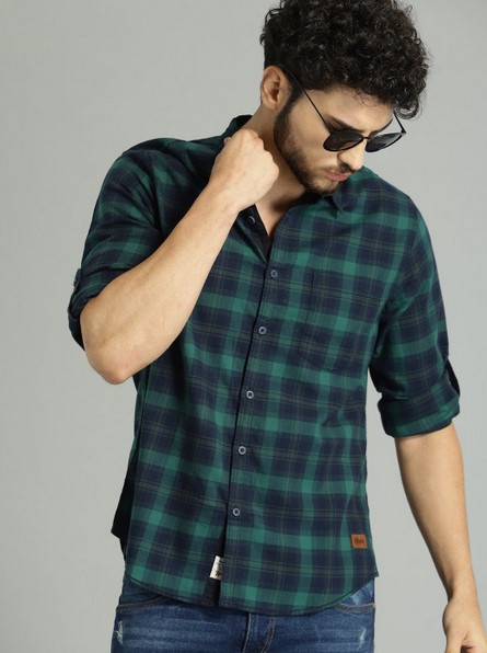 Men Green & Navy Blue Checked Casual Shirt