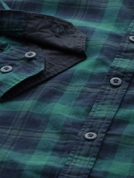 Men Green & Navy Blue Checked Casual Shirt - Image 4