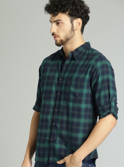 Men Green & Navy Blue Checked Casual Shirt - Image 3