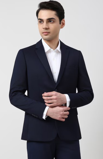 Men Navy Textured Formal Blazer - Image 2
