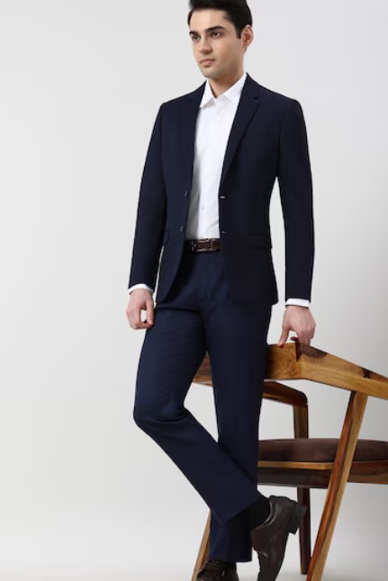 Men Navy Textured Formal Blazer - Image 5