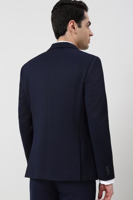 Men Navy Textured Formal Blazer - Image 4