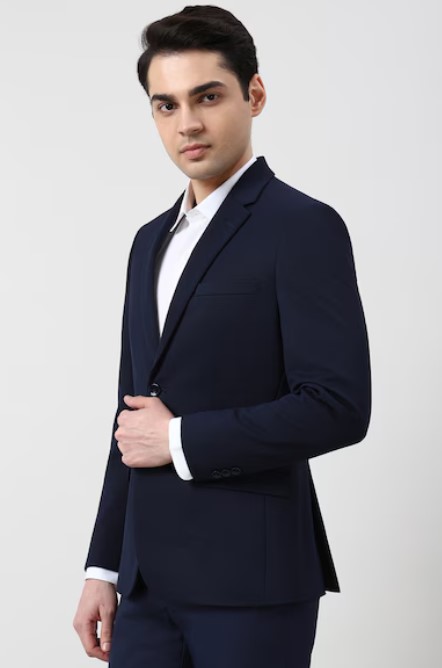 Men Navy Textured Formal Blazer - Image 3